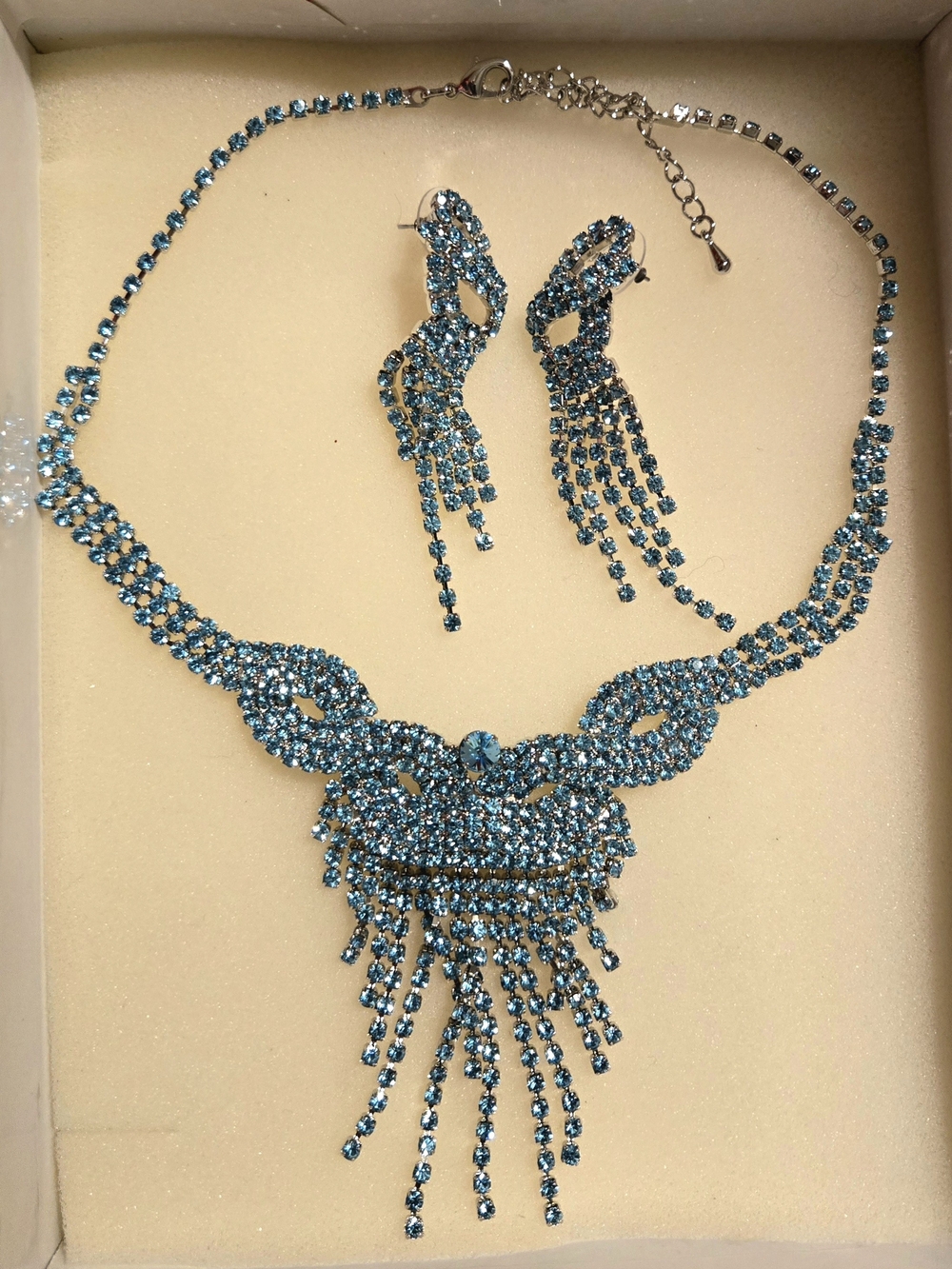 Blue Crystal Fringe Necklace & Earring Set